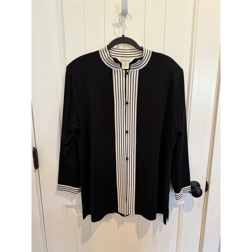 Exclusively Misook Women XL Black Ivory Stripe Button Front Knit Tunic Top